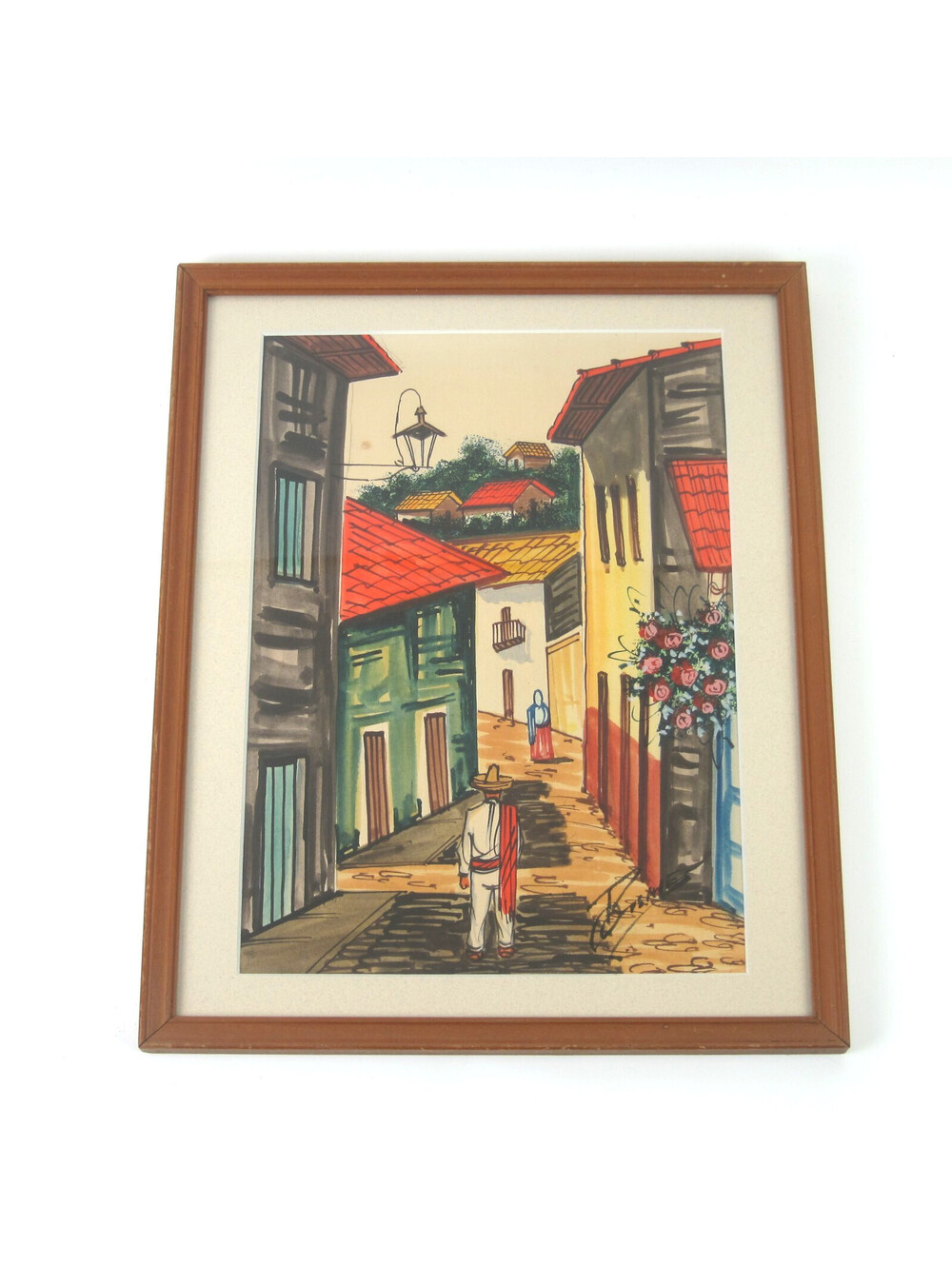 Gouache Watercolor Painting Mexican Village Signed G Rosales 12x10 Vintage 1950s